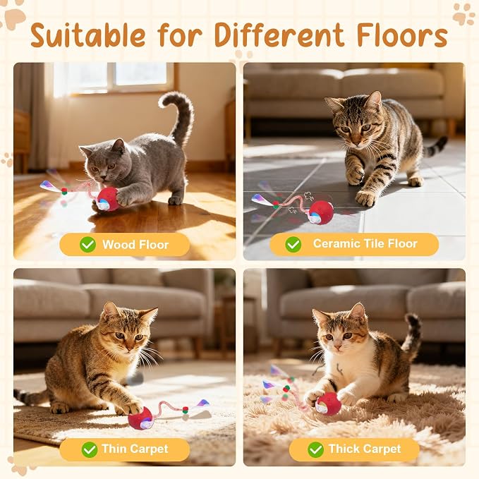 Interactive Cat Ball Toy, Motion Activated Electric Rechargeable Cat Toy | Interactive Mode, Fast&Slow Mode, Standby Mode Save Power, 2 Tails, Chirping, Self Play Toy for Bored Indoor Cats & Kittens