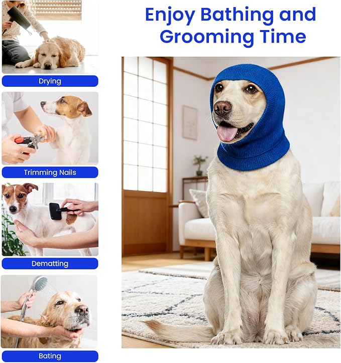 Quiet Dog Ear Muffs 1Pack, Anxiety Relief & Dog Ear Muffs Noise Protection for Grooming, Bathing, Fireworks, and Thunder – Soft Elastic Head and Ear (Medium, Blue)