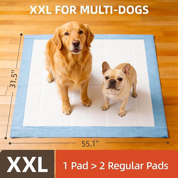 XXXXL Dog and Puppy Pee Pads, 55.1 x 31.5 Inch Leakproof Disposable Pet Training Pads, Fast Absorb 5-Layer Design, 50% Thicker with Adhesive Tabs, for Car Back Seat Cover, Floor, Crate, 50 Count