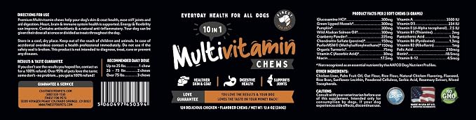 Finest For Pets Multivitamin Dog Supplement – 10 in 1 with Omega Fish Oil & Glucosamine for Improved Joint & Skin Support, Gut, Digestion & Immune Everyday Health (120 Chewable Treats)