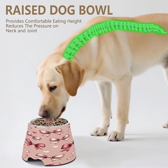 Blueangle Elevated Dog Bowls with Stainless Steel - Non-Slip 2.3 Cup High Capacity Pet Dish for Spinal Health & Vintage Bows Design（543）
