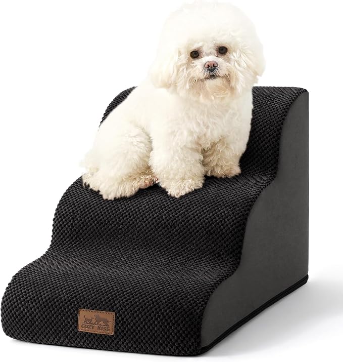 COZY KISS Dog Stairs for Small Dogs 15.7" H, Curved Dog Step for Puppy, Older Cat, Medium Pet Ramp for Sofa, Couch or Chair, Ladder with High Density Foam, 3 Step, 15.7x22.4x15.7 inch, Black
