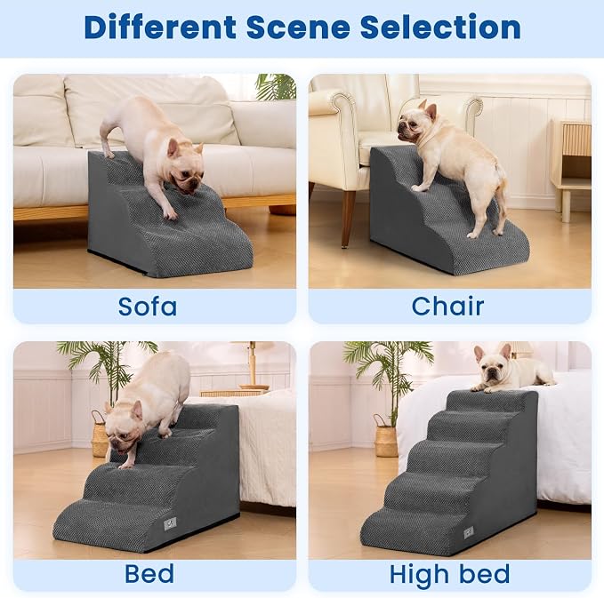 Airpanda Dog Steps for Bed, 4 Step Pet Stairs for Small and Medium Dogs, Non-Slip Dog Ramp with Washable Cover, High-Density Support Foam for Easy Climbing,Grey