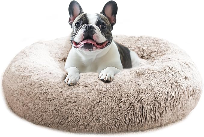 JOLLYVOGUE 23" Calming Donut Dog & Cat Bed, Cream Brown