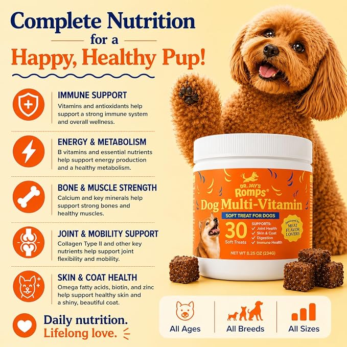 Dr Jay's Romps 10-in-1 Dog Multivitamin Soft Chews with Collagen, 30 Chews | Supports Joint, Skin & Coat, Immune & Digestive Health, For Dogs of All Ages & Sizes