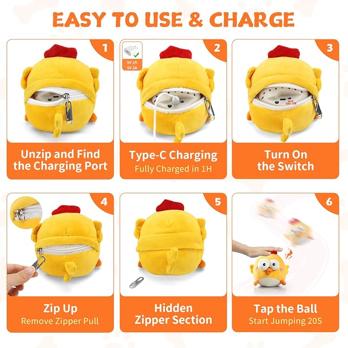 Interactive Dog Toy Ball, Upgrade Automatic 1.5H Jumping Ball with Motion Activation for Small Large Dogs, 2 in 1 Rechargeable Move Plush Toy Pets Keep Busy, No Music (Yellow Chicken)