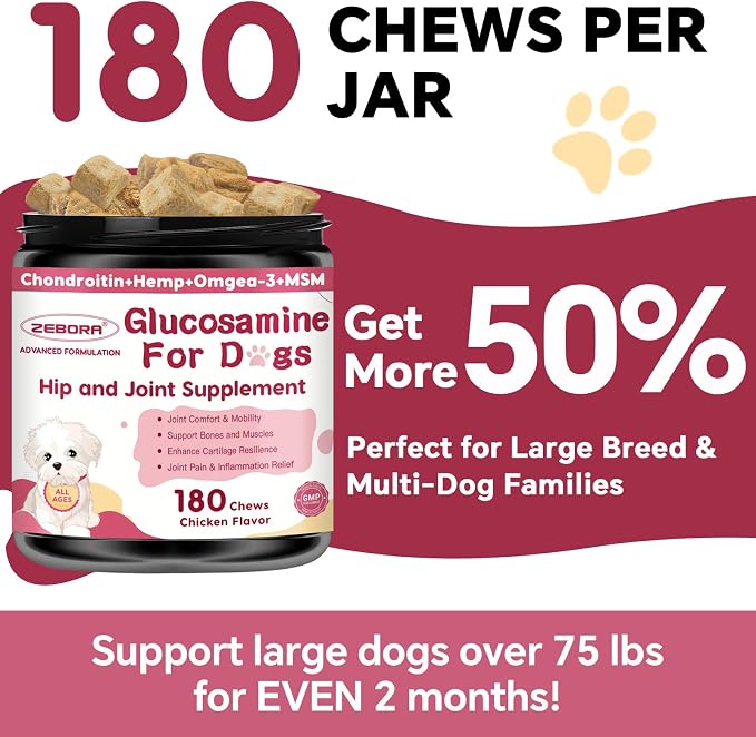 ZEBORA Hip & Joint Glucosamine Supplement for Dogs, 180 Freeze-Dried Chews