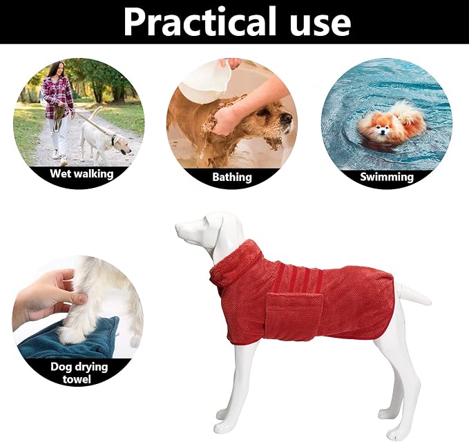 Dog Bathrobe Towel Geyecete Dog Drying Coat-Pineapple Grid Fast Drying Super Absorbent Pet Dog Cat Bath Robe Towel-Red-L