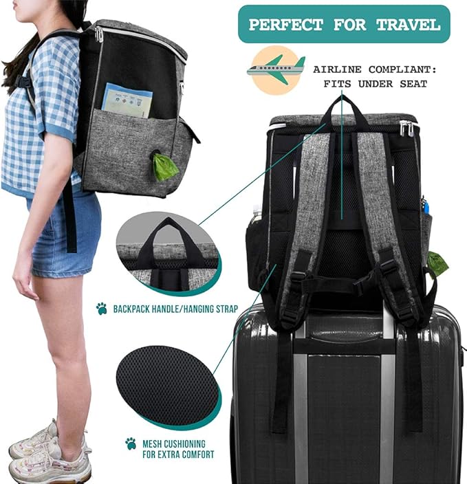 PetAmi Dog Travel Bag Backpack, Airline Approved, with Food Container & Bowls, Gray