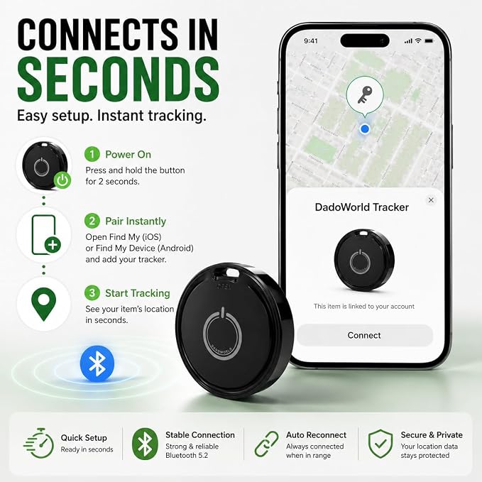 Smart Tag for Android & iPhone, Bluetooth Tracker Works with Google Find My Device & Apple Find My, GPS Item Finder for Keys, Wallet, Luggage & Pets, Loud Alarm, Replaceable Battery by DadoWorld