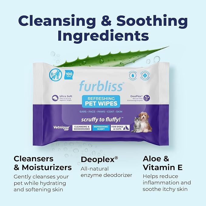 Vetnique Furbliss Hygienic Dog Grooming Wipes, Refreshing Scent, 100 Count