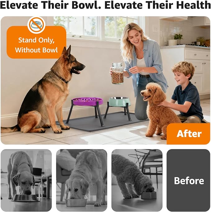 LOOBANI Elevated Dog Bowl Stand: Fits for Bowls Width 8.2"-11" (Without Bowls) Adjustable Width Anti-Slip Raised Dog Bowl Stand Food Feeder for Large Adult, Seniors, Older, Arthritis Dogs Black Large