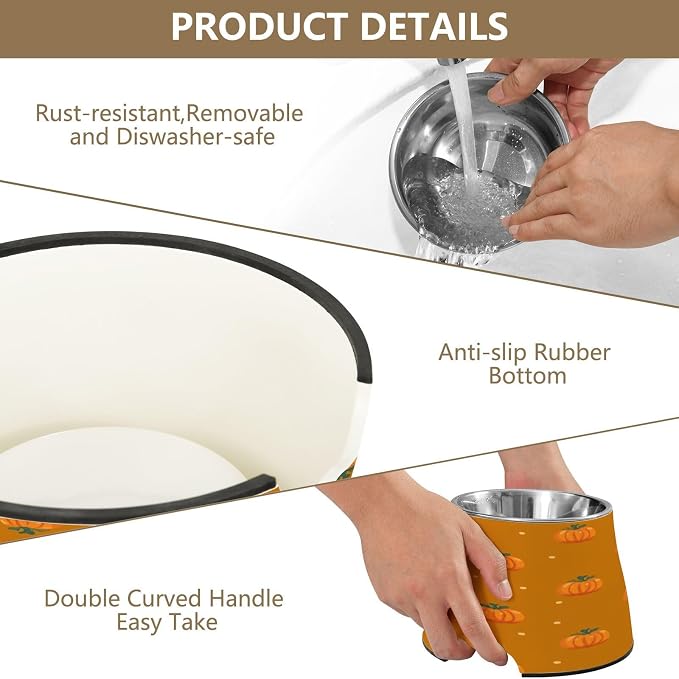 Blueangle Elevated Dog Bowls with Stainless Steel - Non-Slip 2.3 Cup High Capacity Pet Dish for Spinal Health & Pumpkins and Wreaths Design（114）