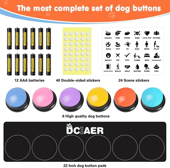 Dog Buttons for Communication, 6 Recordable Buttons, with Mat & Batteries