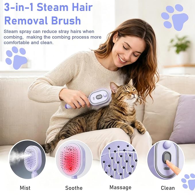 2026 New 3 in 1 Steam Pet Grooming Brush, 3 in, Red
