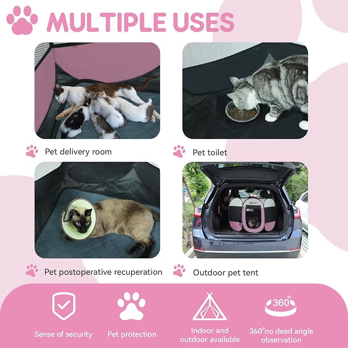 Dog Cat Playpen Indoor Outdoor for Puppy Pet Dogs Cat Recovery After Surgery, Dog Tent Crates Cage Indoor/Outdoor, Portable Pop Up Kennel with Carrying Case for Travel (Pink, Large)