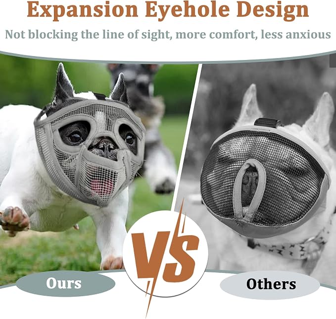 Mesh Short Snout Dog Muzzle with Anti-Eating Design for Frenchie | Fits French Bulldog Pug English Bulldog, Prevent Scavenging, Walking Grooming Use , Allows Full Panting Drinking | Grey, XXS