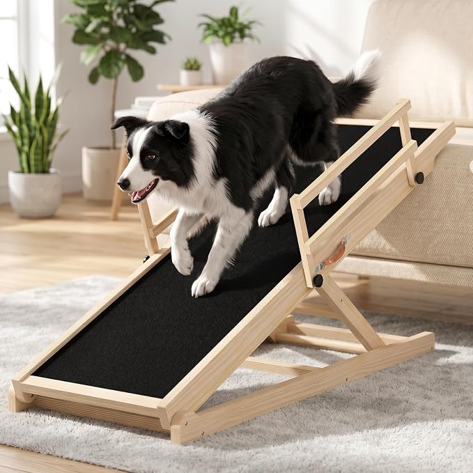 Tresbro Dog Ramp for Bed, 47'' Long 20.3''-27'' Adjustable Height Pet Ramp | 6 Adjustable Height, Anti-Slip & Easy Clean Surface, Capacity Up to 200LBS, Easy to Store & Portable, Guardrails for Safety