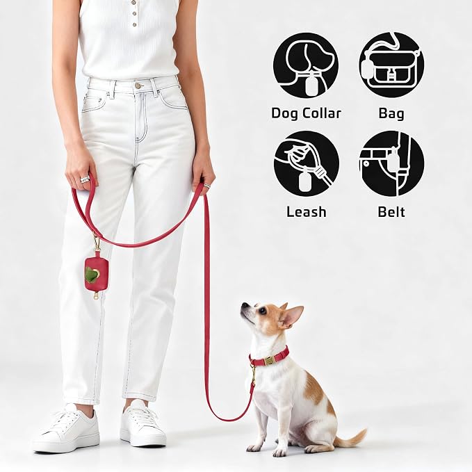 Didog Stylish Dog Poop Bag Holder for Leash, Easy-Pull and Colorful PU Leather Dog Poop Bag Dispenser with Metal Clip, Includes 1 Roll Pet Waste Bag for Daily Walking,Red