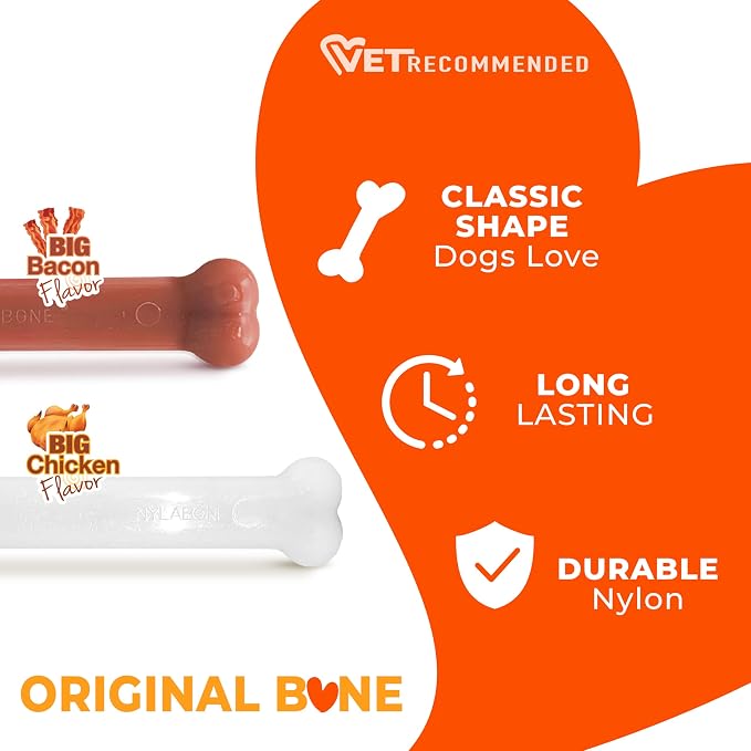 Nylabone Power Chew Original Bone Dog Toys, Chicken & Bacon Flavor, 2 Count | Large breeds, durable chew toys, discourages destructive chewing, long lasting, flavor throughout, for dogs up to 50 pounds