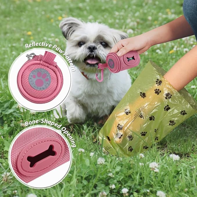 FURHAB Dog Poop Bag Holder for Leash Doggie Waste Bag Dispenser Soft Fabric Puppy Potty Carrier Small Doggy Zipper Pouch with Carabiner Clip 1680D Nylon Oxford with 1 Roll of Pet Trash Bags, Pink