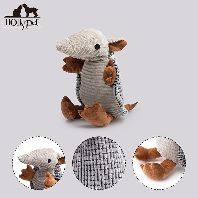 Hollypet Armadillo Squeaky Dog Toys for Medium Large Dogs, 14" | plush stuffed large dog squeak animal toy with unique grunt squeaker textured fabric for teeth cleaning toys