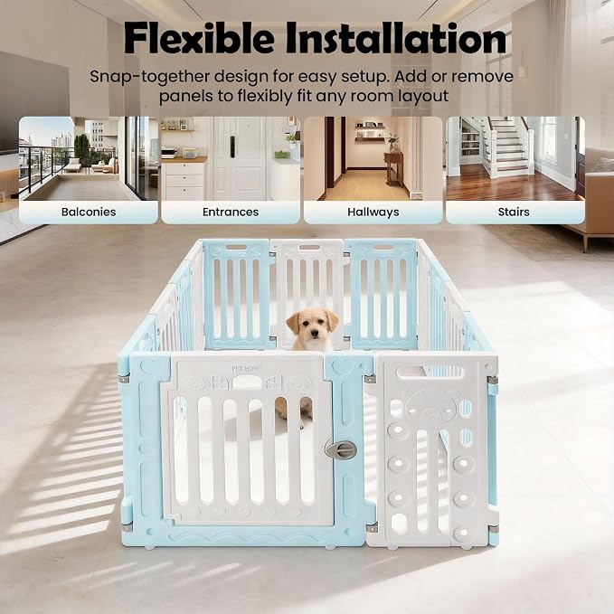 Dog Playpen, Large Pet Playpen with Cute Patterns & 1 Door & 11 Freely Combinable Panels Dog Fence Large Crate for Pets Pet Safety Fence Pet Essentials for Small/Medium Dogs (Blue & White)