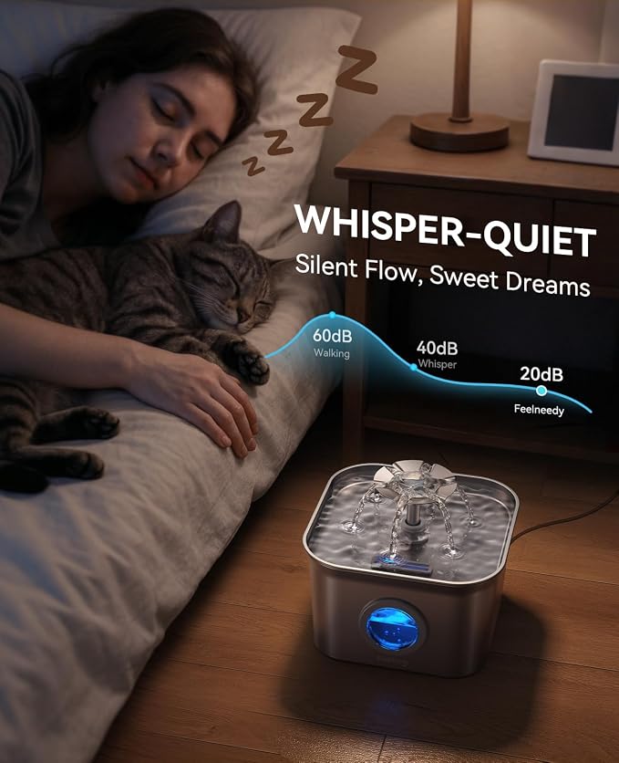 Stainless Steel Cat Water Fountain, 2.8L with 20dB Ultra-Quiet Pump- Ideal for Timid Pets, LED Water Level Window, Dishwasher Safe, 24/7 Circulation- Includes 3 Replacement Filters