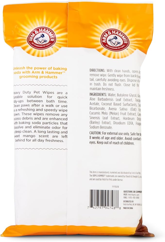Arm and Hammer for Pets Heavy Duty Multipurpose Dog Bath Wipes, Mango Scent, Travel Size - All Purpose Wipes that Remove Odor and Refresh Dog Coat Between Baths, 30 Count - 6 Pack