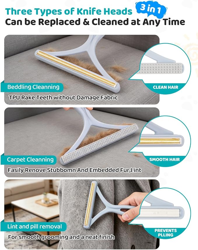 Pet Hair Remover for Carpet, 54 Inch Adjustable Long Handle Carpet Rake for Pet Hair Removal, 3 Piece Dog Hair Carpet Rake and Carpet Scraper Tool for Rugs, Couch, Stairs, Furniture
