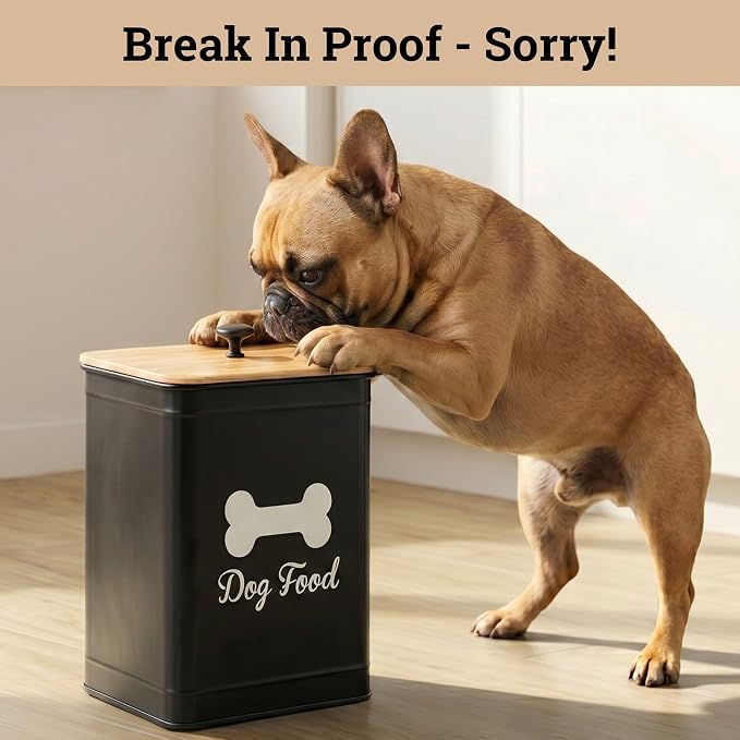 Metal Dog Food Container 5-7lb, 7lb, Iron + Bamboo Lid, Black: Bone