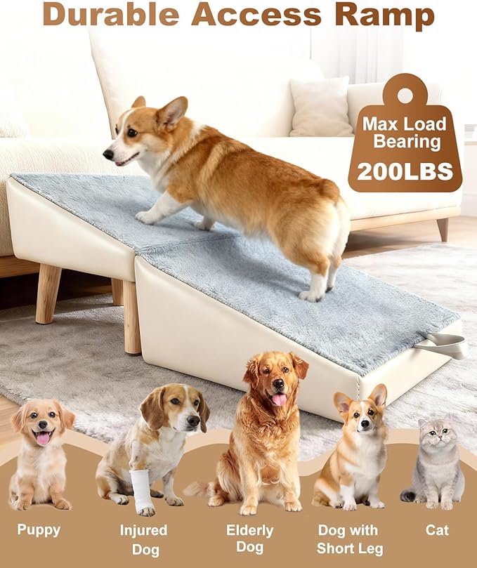 Dog Ramp for Couch Sofa and Low Bed, 15.7" W 2-in-1 Foldable Split Ottoman&Steps, Non-Slip Wooden Pet Stairs for Small Senior Injured Dogs & Cats, Grey