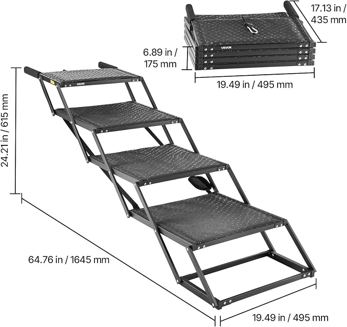 VEVOR Dog Stairs for Car, 4 Steps Extra Wide Foldable Dog Ramp for Large Dogs with Non-Slip Surface, Portable Lightweight Pet Stairs Ladder for Car, SUV, Truck, High Bed, Sofa, Support up to 250 lbs