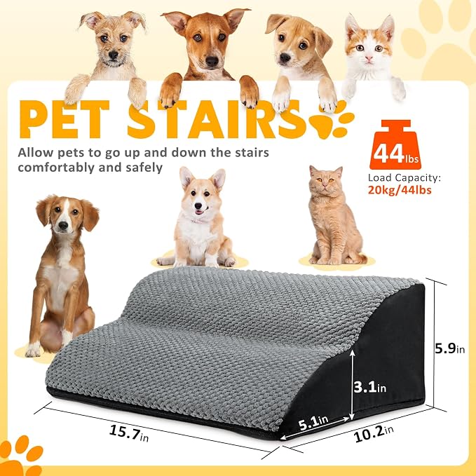 2-Step Dog Ramp for Stairs, Non-Slip Dog Stair Ramp, Stair Wedges for Dogs with Self-Sticky Pads to Fix, Low-Angled Pet Steps, for small/medium dogs, puppies, and aging pets needing joint care(2-Pack)