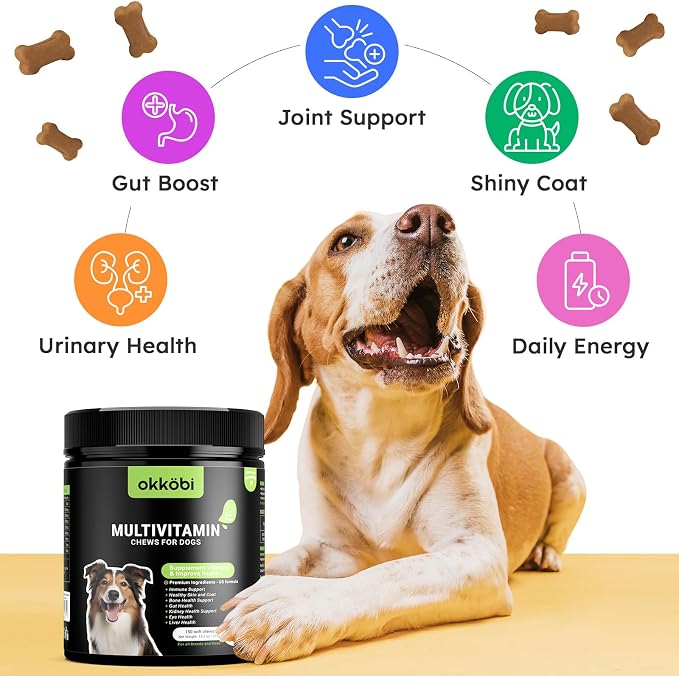 Dog Vitamins and Supplements - 150 Dog Multivitamin Chewable - Immune, Joint Support, Skin, Gut Health + Packed with Omega 3s, Glucosamine & Probiotics - Safe for Puppy - Beef