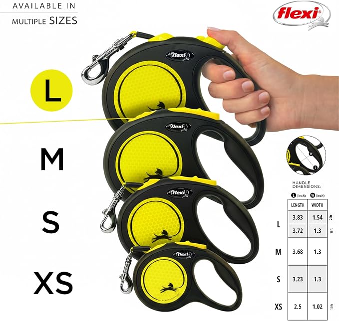FLEXI® Neon Tape Retractable Dog Leash, Large, 16 ft - Neon Yellow/Black | German engineered, original flexi leash, durable quality for dogs up to 110 lbs, tangle-free, walking, reliable brake system