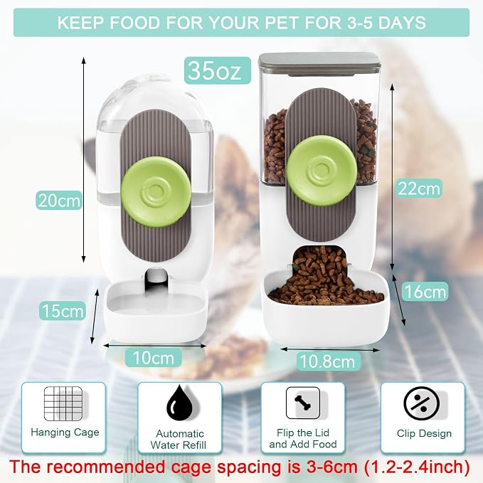 Lemtrflo Hanging Automatic Food Water Dispenser,Gravity Rabbit Feeder, Water Dispenser Food Bowl for Bunny Chinchilla Guinea Pig Hedgehog Ferret (White Brown)