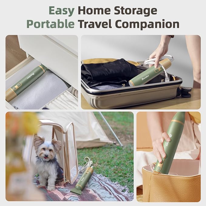 buenkee Dog Blow Dryer for Pet Grooming Handheld Lightweight Dog Cat Hair Dryer 3 Speeds 4 Temp, Portable 3HP High Velocity Pet Blower Quiet Dryer for Travel Campaign Home, with 3 Nozzles, Green