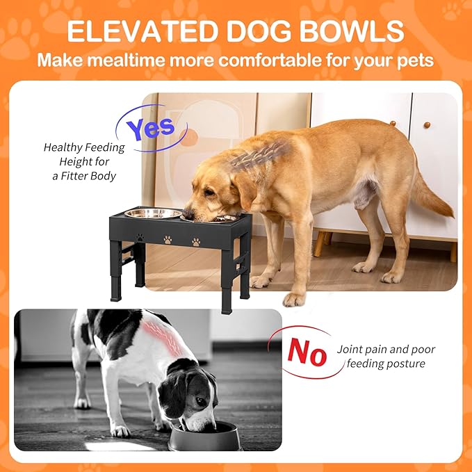 LAKIPETN Elevated Dog Bowls with Mat, Raised Dog Food Bowl Stand with 2 Stainless Steel Bowls, 5 Height Adjustable (3.1", 9", 10", 11", 12") Non-Slip Feeder Set for Medium and Large Dogs – Black