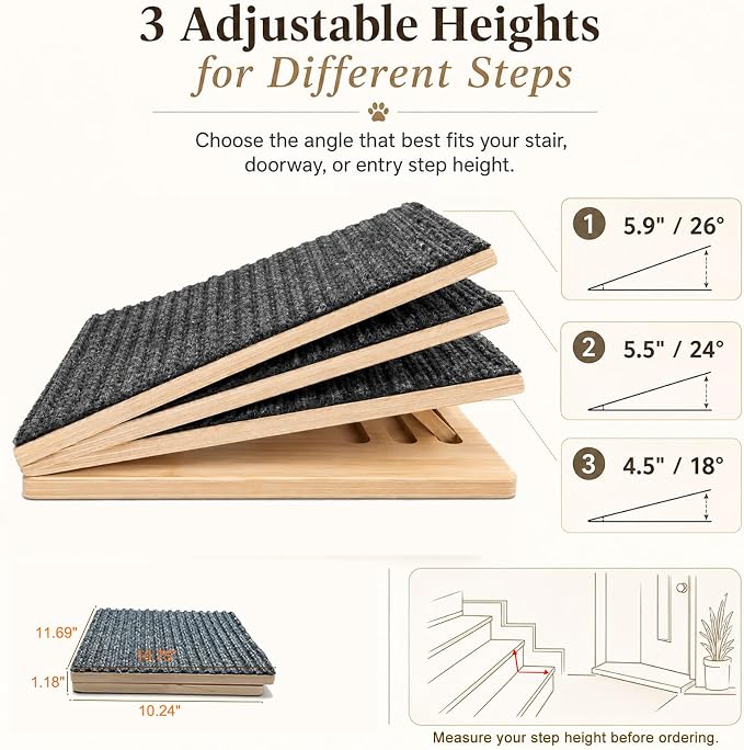 2 Pack Dog Ramp for Stairs - Solid Wood Adjustable & Foldable Pet Ramps, 3 Heights, Non-Slip Silicone Base & Traction Felt, 100lb Capacity, Indoor Stairs & Porch