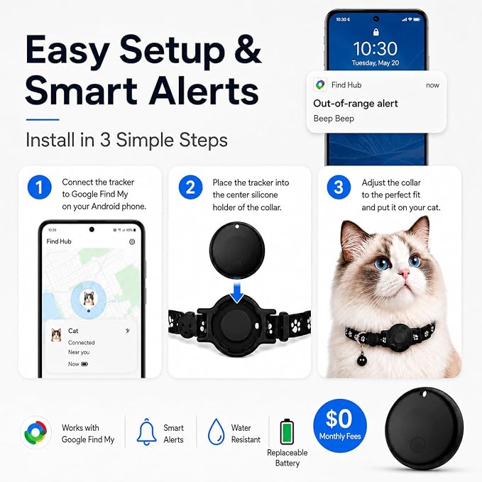 GPS Tracker for Cats, Cat Collar with Tracker for Android Users – No Monthly Fee, Google Find Hub Cat GPS Tracker Collar, IP67 Waterproof, Replaceable Battery Lasts 1 Year