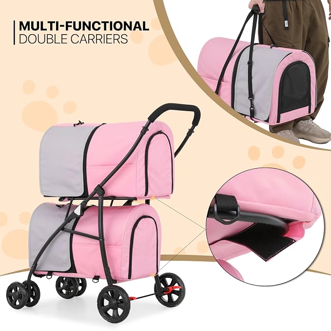 MoNiBloom 4-Wheel Double Dog Stroller - Pink/Gray, Detachable Carriers