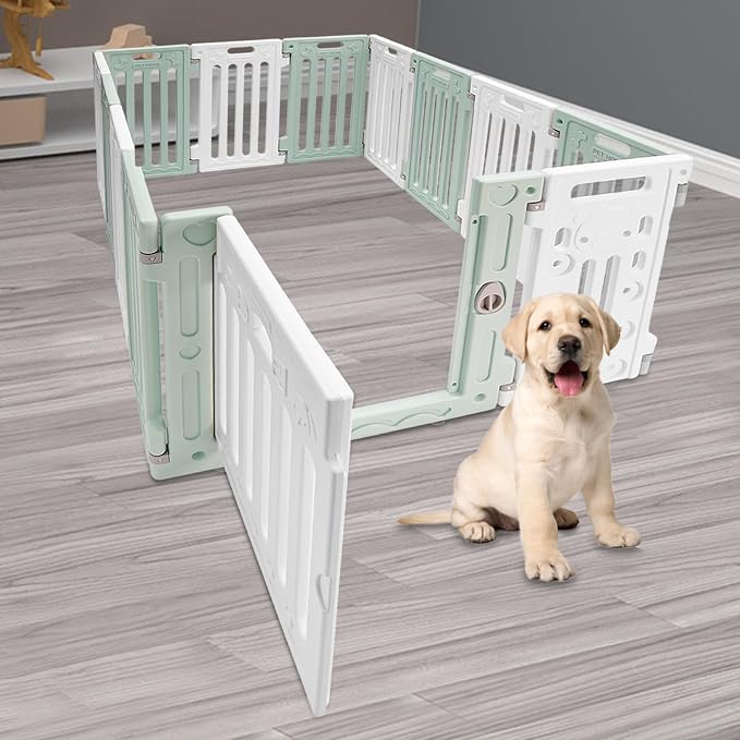 13pcs Dog Playpen w/Door Plastic Puppy Playpen Pet Exercise Pen Indoor Outdoor Fence Configurable Panels Secure Pet Gate for Small to Medium Pets (Green White)