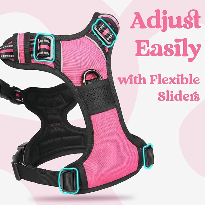 rabbitgoo Dog Harness Small Sized, Updated Easy On & Off with 3 Buckles | No Pull No Choke, Walking with 2 Clips and Handle, Adjustable Soft Reflective, Rose Pink, Small
