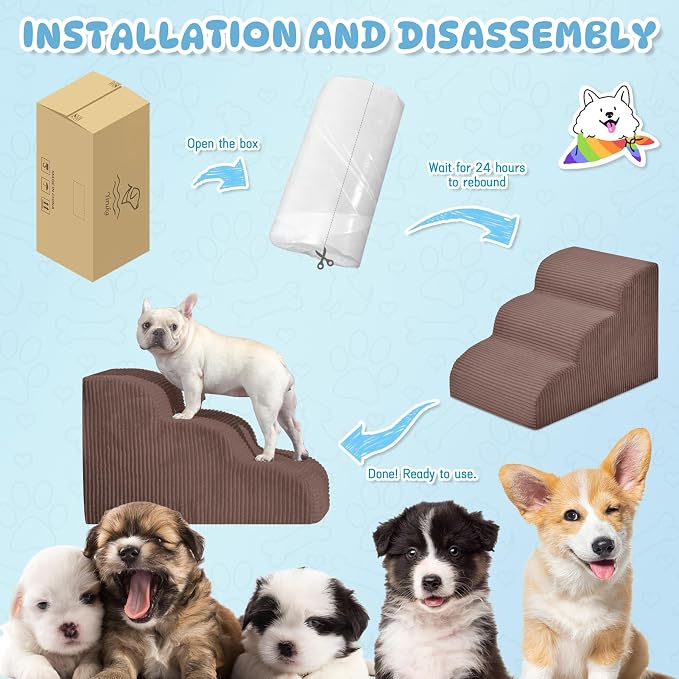 Mesa Lemon Dog Steps for Small Dogs, 4-Step Pet Ramp Stairs for High Beds and Sofa, Non-Slip Pet Stairs for Small Dogs and Cats, Removable and Easy to Clean Cover, Coffee