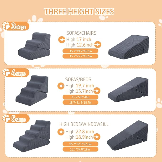 Dog Ramp for Bed, 23" H Dog Stairs for High Bed, 2 in 1 Pet Steps for Small Dogs, 5-Step Foldable Transformable Large Cats Ramp to Get on Couch, Non-Slip Balanced, Grey