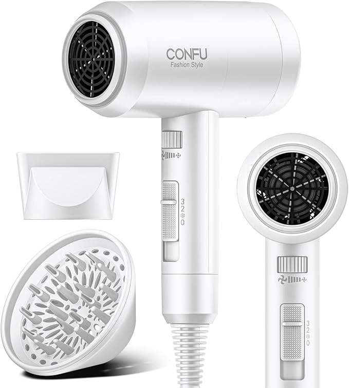 Hair Dryer with Diffuser, CONFU Blow Dryer for Curly Hair for Women Men | 21000PRM Travel Hair Dryer, Portable Lightweight Fast Drying Negative Ion Hairdryer for Home & Travel