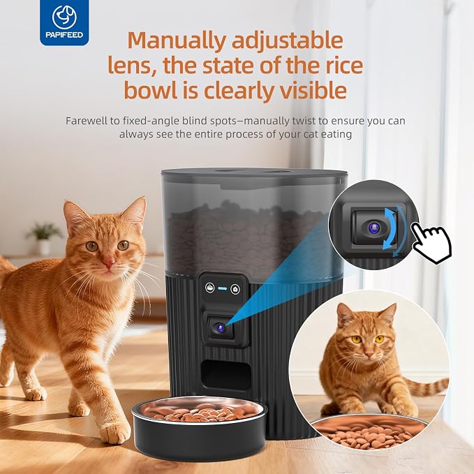 PAPIFEED Automatic Cat Feeder with Camera，‌Adjustable Angle 2.4G WiFi/App Pet Food Dispenser，3.5L/15 Cup Timed Dispenser