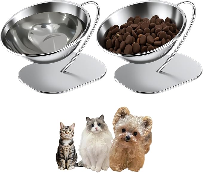 Elevated Cat Bowls,15 Degree Inclined Stainless Steel Cat Bowls,Detachable Metal Bracket,Protect The Cervical Spine,Prevent Vomiting,Ergonomic Design for Healthy Eating & Digestion,2PC (2PC)
