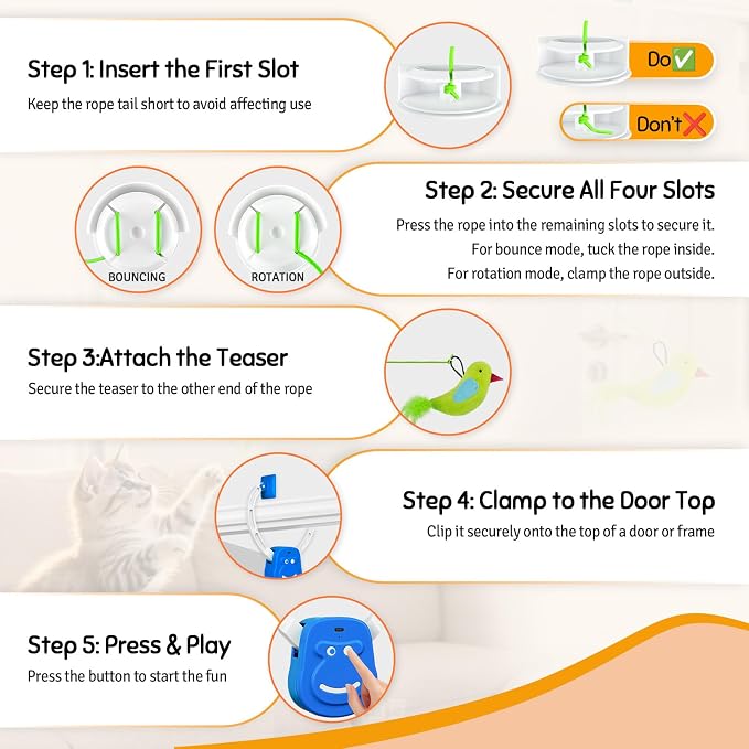 Door Frame Cat Toy for Indoor Cats, Automatic Hanging Toy | Interactive cat toys for indoor cats with 2 play modes: automatic bouncing and rotating; hangs from door frames.